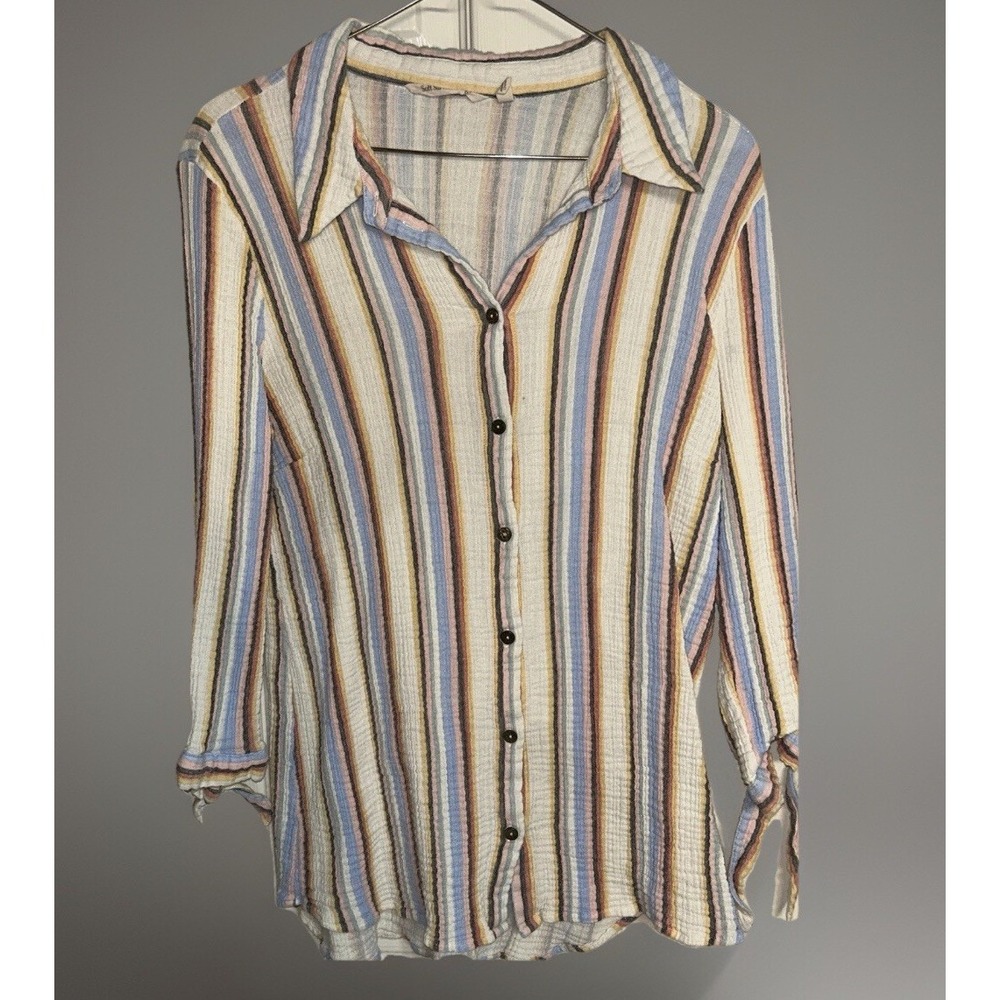 Soft Surroundings Slub Cotton Gauze Stripe Button Down Shirt Beachy size Large